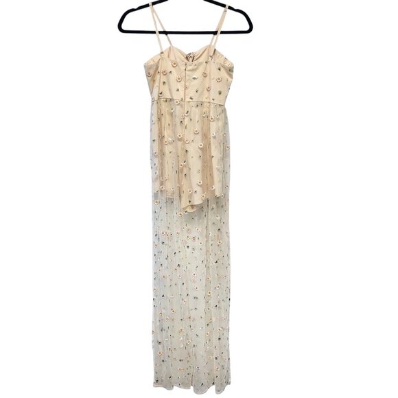 Kiss The Sky Yellow Floral Spaghetti Strap Lace Front Romper Sheer Maxi S - Picture 2 of 9